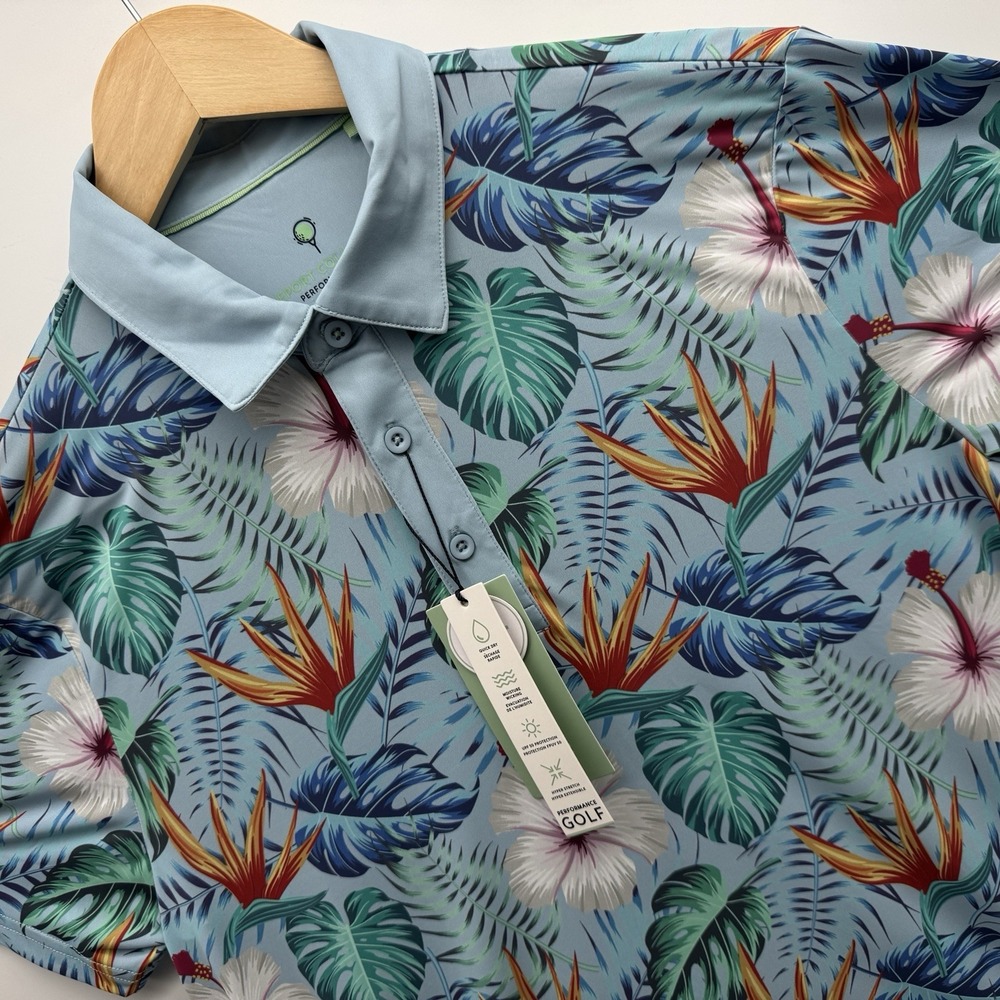 Report Collection Performance Golf Polo Shirt Tropical Floral Periwinkle Small